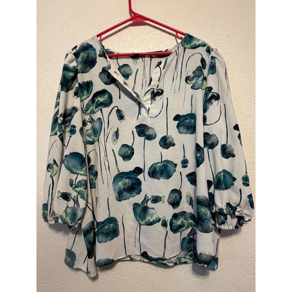 Alfani Teal Floral Poppy Print Blouse XL White Green Split Neck Puff Sleeve Top